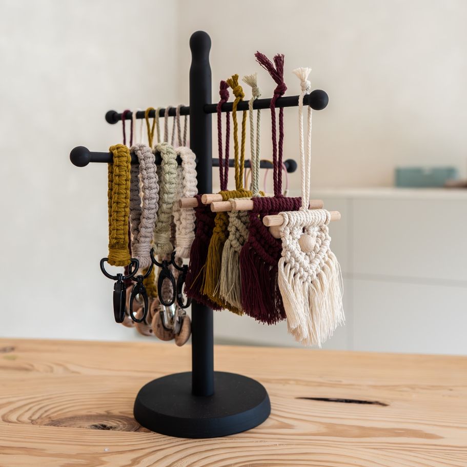 Foto von handgemachten Makramee-Produkten: Schlüsselanhänger, kleine Aufhänge-Dekorationen und Schnullerketten.