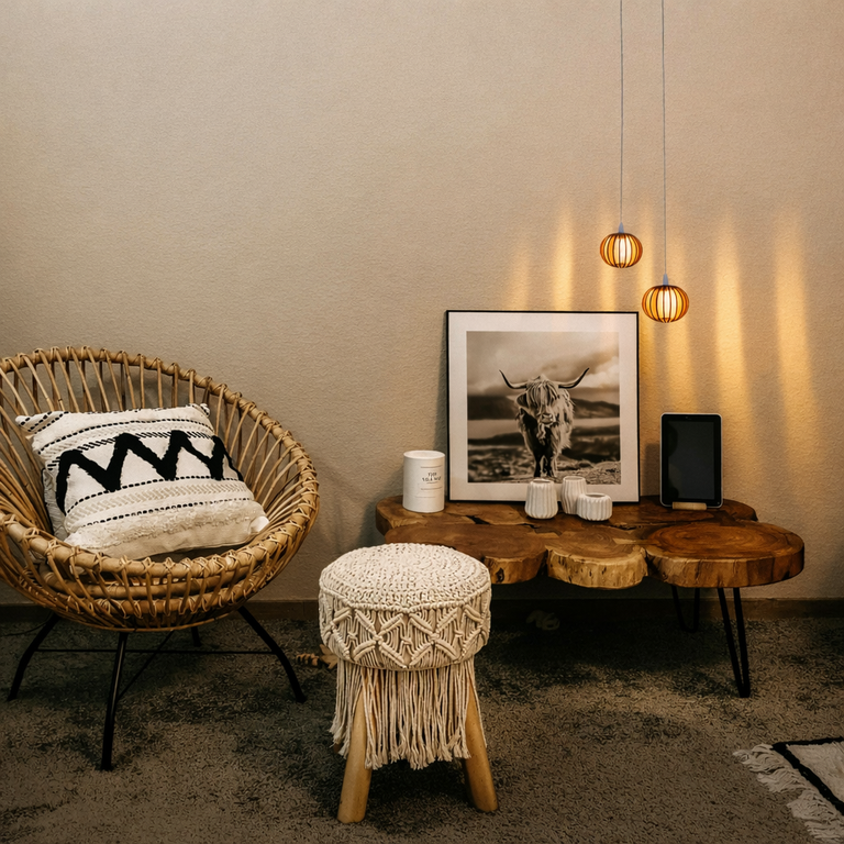 Zwei runde Lampenschirme ‚Orbit‘ aus Holz von der Lumiero-Serie, hängend, warmes Licht, gemütliche Atmosphäre.